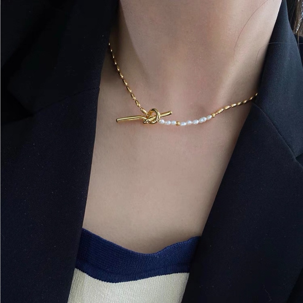 Gold Pearl Knots Chain Necklace, 18k Gold and 925 Sterling Silver - Picture 9 of 9